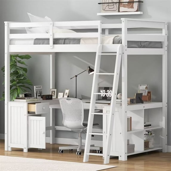 Full Size Loft Bed with U-shaped Desk, Drawers and Storage Shelves, Solid Wood Loft Bed Frame with Ladder and Full Guardrail for Boys Girls Teen Adults Bedroom, No Box Spring Required, White