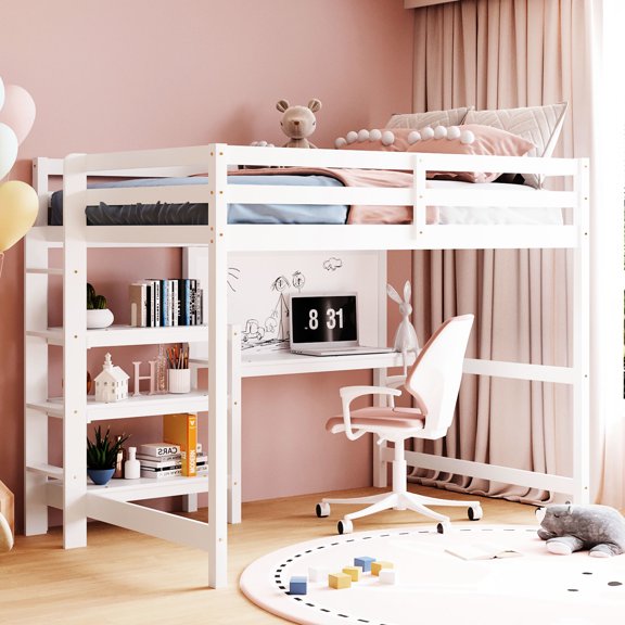Full Size Loft Bed In White With Shelves, Desk, And Writing Part. Made Of Pine Wood. Maximize Space Bedrooms. Versatile For Work Leisure. Desk Shelves Included. No Box Spring. 79.5"l X 57"w 65"h.