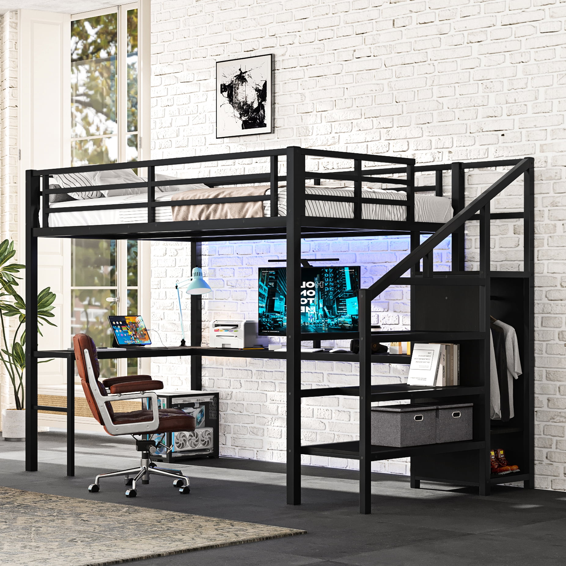 Full Size Loft Bed With And Led Lights, Metal, Black For Adults Metal ...