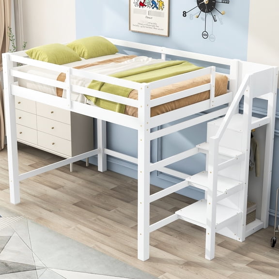 Full Size Loft Bed With Built-in Storage And Staircase, White - Pine Wood Structure For Bedroom Area Integrated Staircase Construction Setup