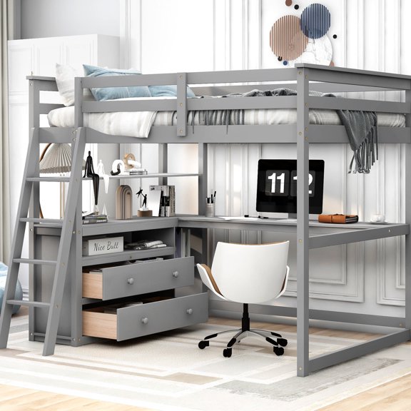 Full Size Loft Bed With Desk, Shelves And Gray Charm - Pine Wood Build For An Attractive Bedroom Desk Shelf Layout Robust A Decoration