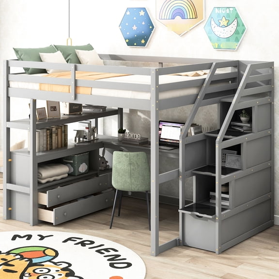 Full Size Loft Bed With Desk, Shelves & Drawers - Gray Heavy-duty Build Advanced And Storage Design