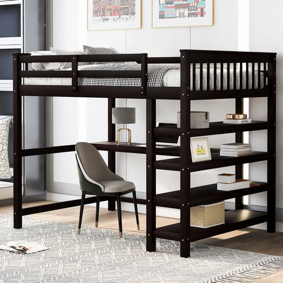 Full Size Loft Bed With Storage Shelves And Under Desk, . Wood Construction For Bedroom. Space Design Bedroom Bed. Has Desk Shelf Storage.