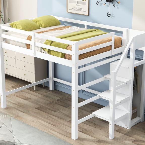 Full Size Loft Bed With Storage Wardrobe And Staircase, White - Robust Pine Wood Frame For Bedroom Area Size Staircase Made Of