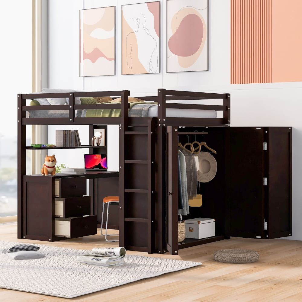 Full Size Loft Bed, Wooden Loft Bed Frame with Drawers, Desk and ...