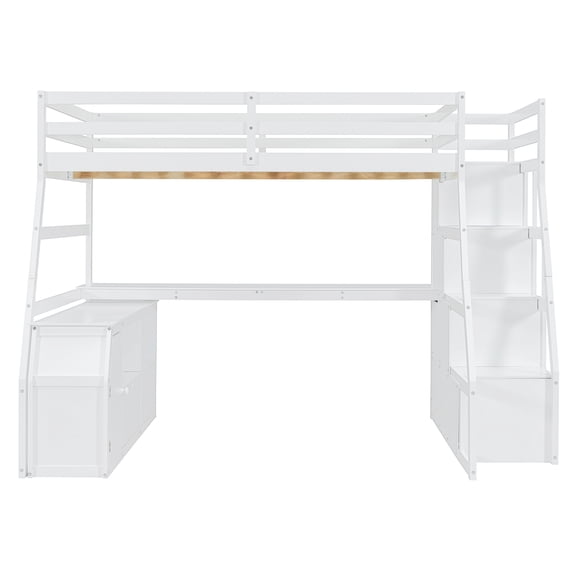 Full Size Loft Bed with 7 Drawers 2 Shelves and Desk - White