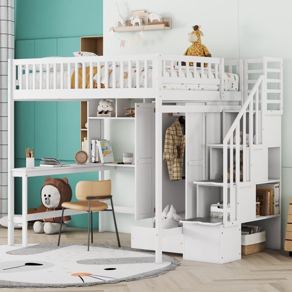 Full Size Loft Bed with Bookshelf, Drawers, Built-in Desk, Wooden Loft Bed with Storage Staircase and Wardrobe-Gray for Teens, Adults, White