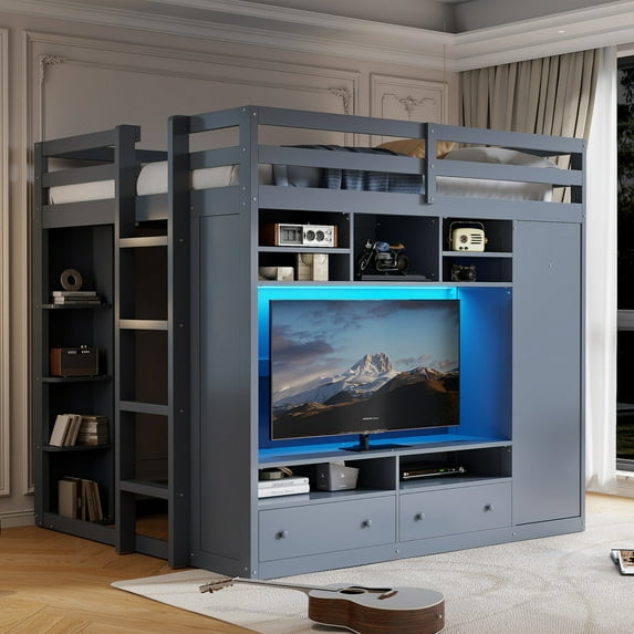 Full Size Loft Bed with Built-In Wardrobe, Drawers & LED Lighting - Space-Saving Storage for Small Rooms - Gray