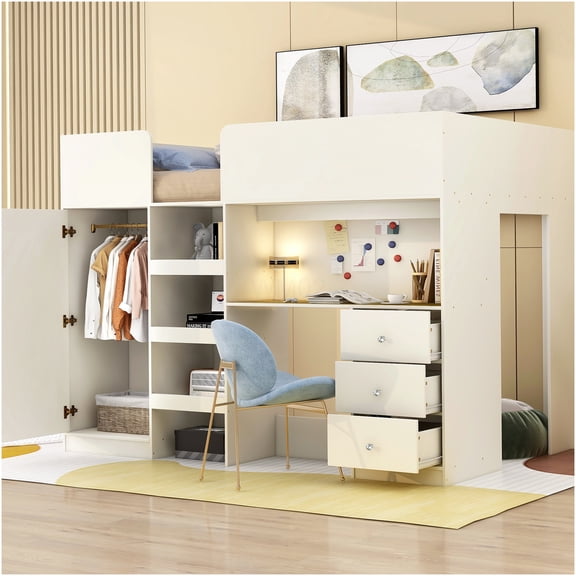 Full Size Loft Bed with Built-in Wardrobe, Desk and Storage Drawers, Space Saving Bedroom Furniture, Beige Finish