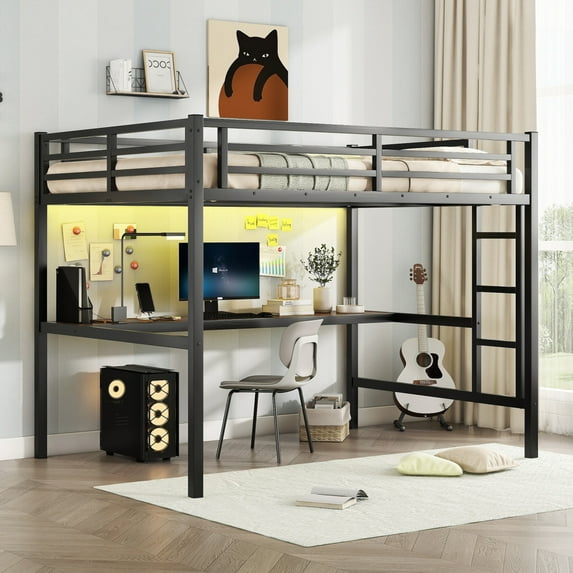 Full Size Loft Bed with Desk, Heavy Duty Metal Frame with Power Outlet & LED Lighting, Safety Guard Rail, Quiet Design, No Box Spring Required, Black