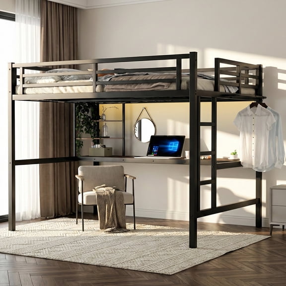 Full Size Loft Bed with Desk, Metal Loft Bed Frame with LED Light Strip, Power Outlet, Shelves and Clothes Rail, Black