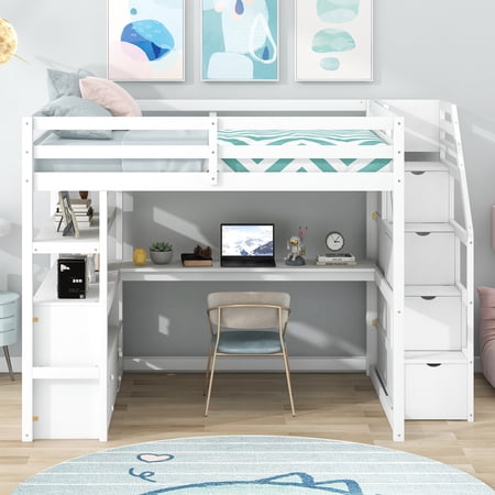 Full Size Loft Bed with Desk, Shelves, Storage Staircase, White - Two Drawers, Space-saving Design for Kids and Teens