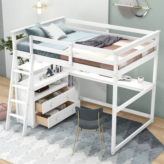 Full Size Loft Bed with Desk, Shelves and Two Built-in Drawers, Solid Wood Bed Frame for Teens, White
