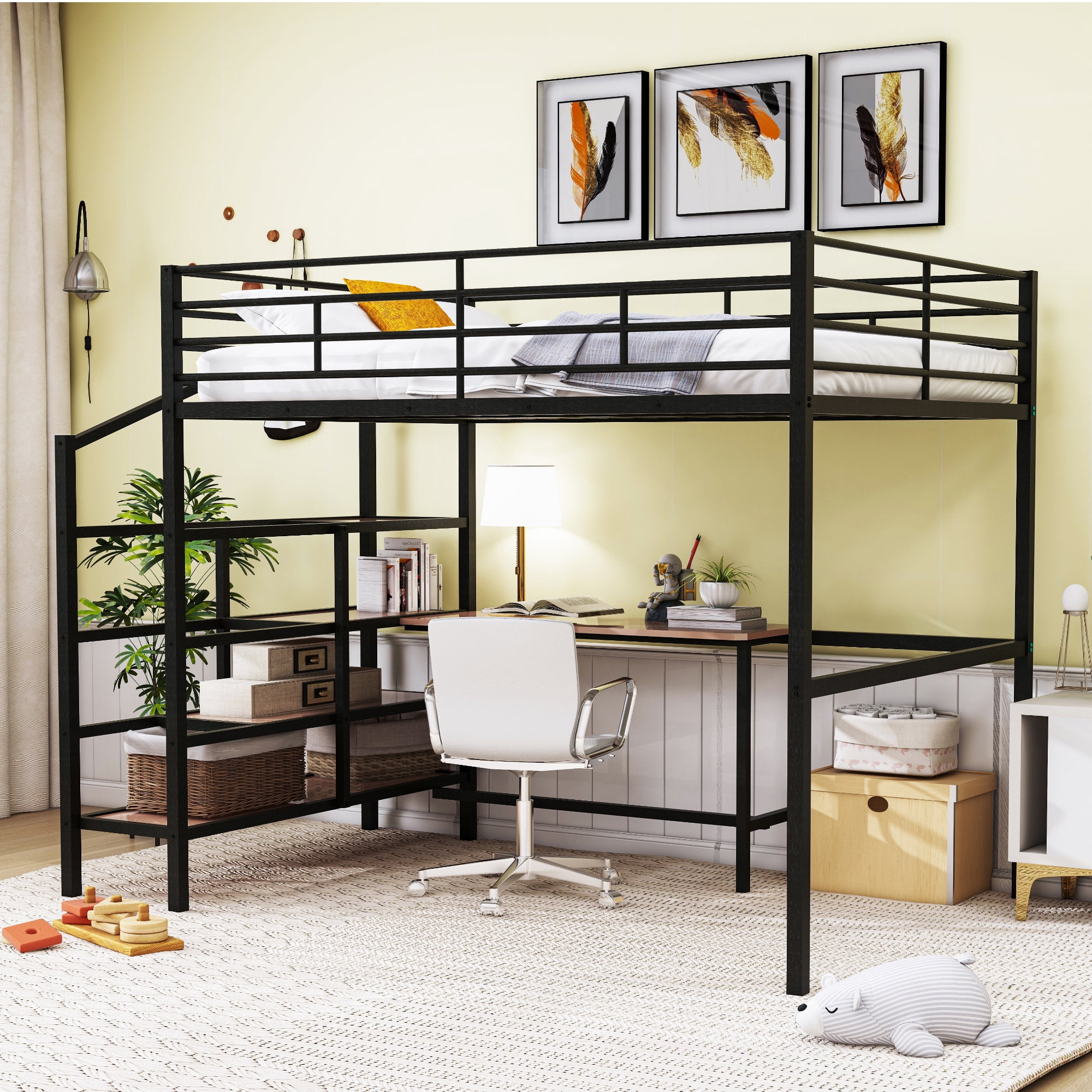 Full Size Loft Bed with Desk and Lateral Storage Ladder,Metal Loft Bed for Kids,Black