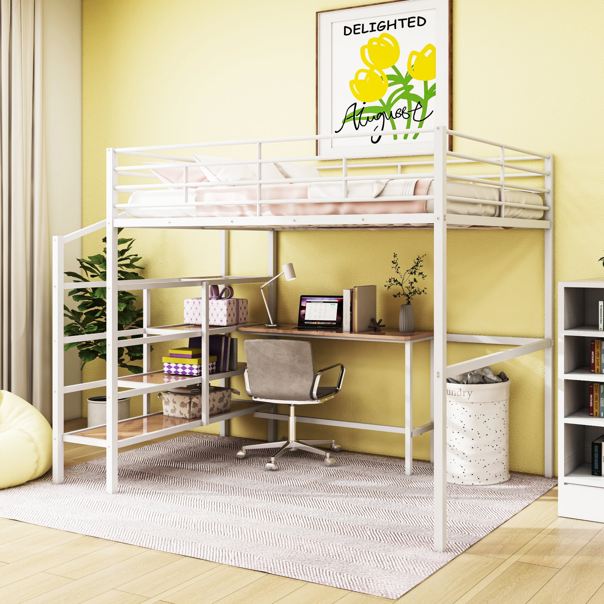 Full Size Loft Bed with Desk and Lateral Storage Ladder,Metal Loft Bed for Kids,White