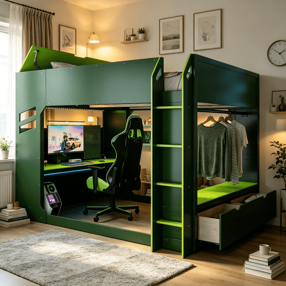 Full Size Loft Bed with Desk and Storage, Green Wood Gaming Bed Frame for Compact Bedroom Space