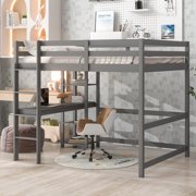 Full Size Loft Bed with Desk and Storage Shelves, Pine Wood Slat Foundation Bed Frame with Ladder Guardrails for Kids Child Teen