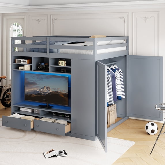 Full Size Loft Bed with Drawers, Shelves & LED Lights, Gray Space-Saving Storage Bed, Built-in Wardrobe & Remote Control Lighting, for Teens/Adults