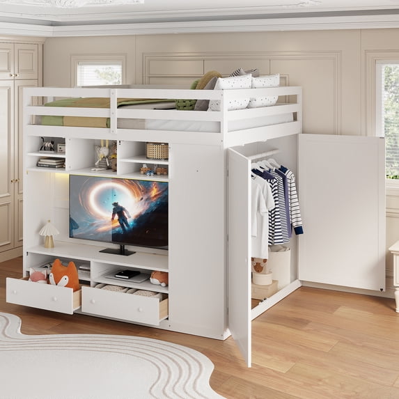 Full Size Loft Bed with Drawers, Shelves & LED Lights, White Space-Saving Storage Bed, Built-in Wardrobe & Remote Control Lighting, for Teens/Adults
