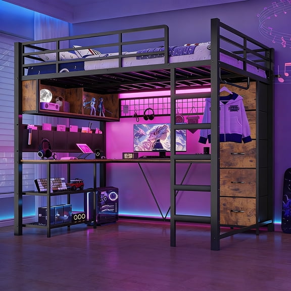 Full Size Loft Bed with L-Shaped Desk & 5 Storage Drawers, LED Metal Loft Bed with Open Shelves & Clothes Hanging Rail, Black
