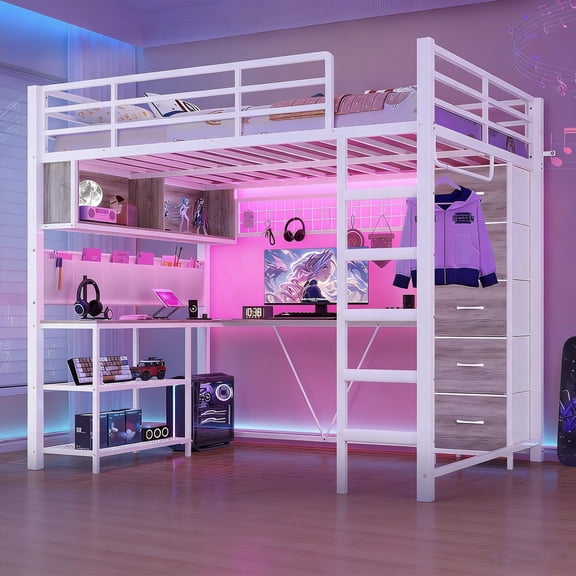 Full Size Loft Bed with L-Shaped Desk & 5 Storage Drawers, LED Metal Loft Bed with Open Shelves & Clothes Hanging Rail, White