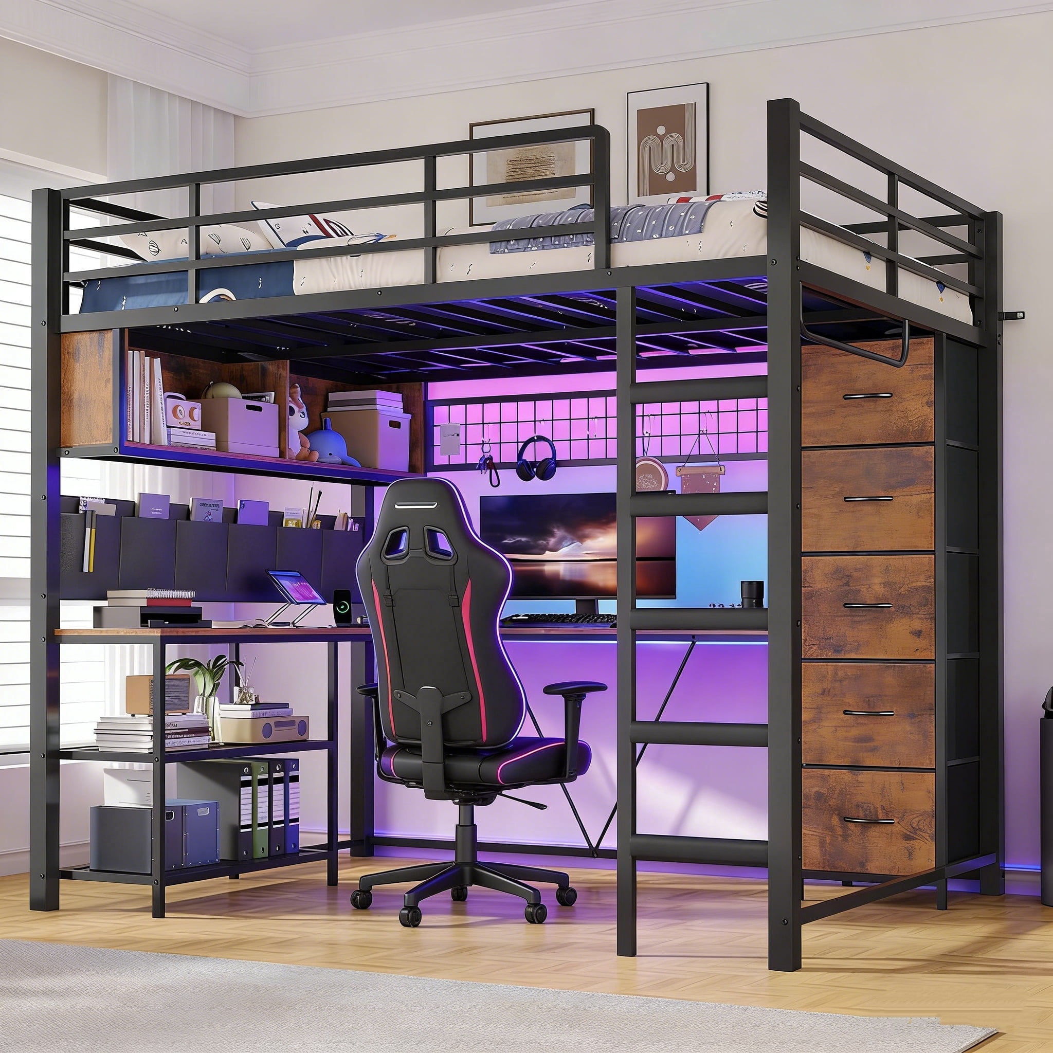 Full Size Loft Bed with L-Shaped Desk & 5 Storage Drawers, LED Metal ...