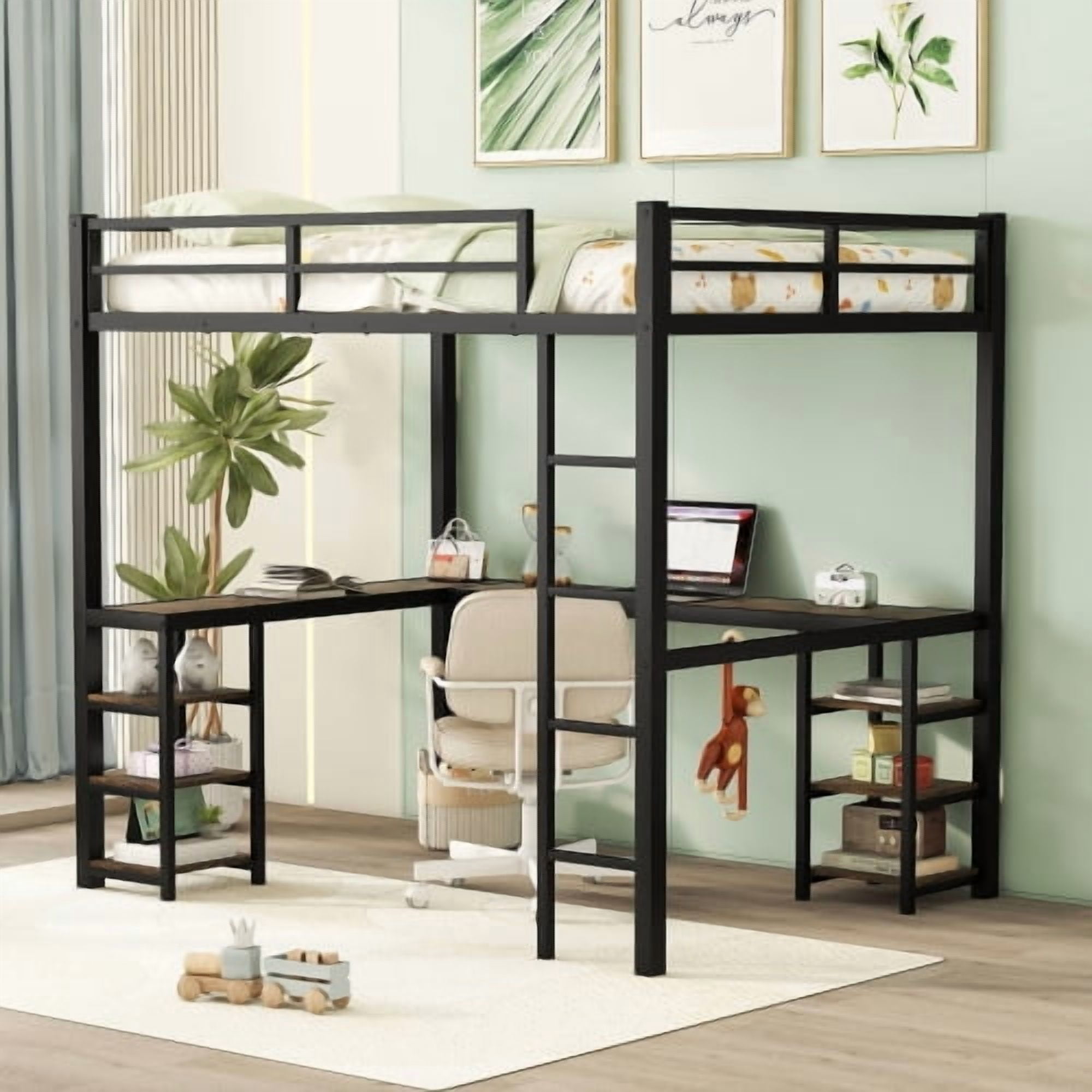 Full Size Loft Bed with L-Shaped Desk,High Loft Bed with Ladder and Guardrails for Kids, Adults, Space Saving Design,Black