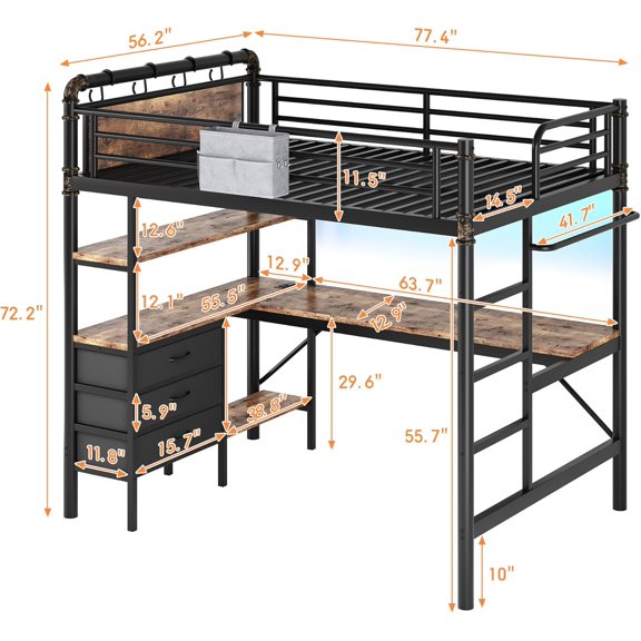 Full Size Loft Bed with L-Shaped Desk, LED Lights, Charging Station, Industrial Heavy Duty Metal Frame