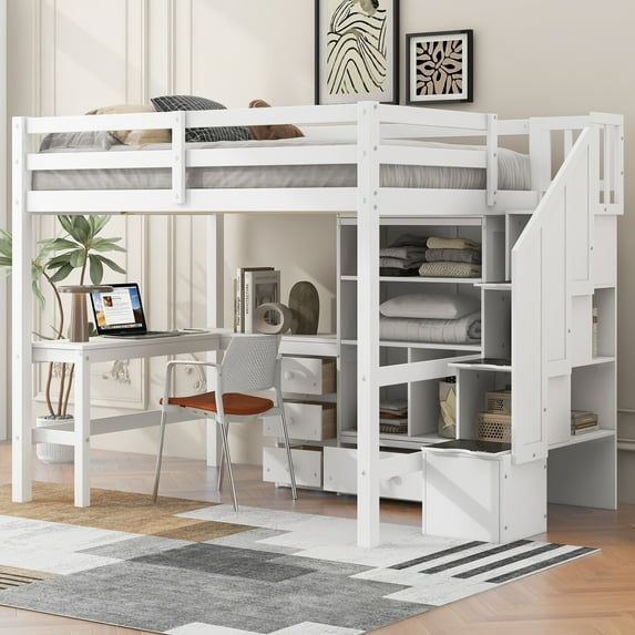 Full Size Loft Bed with L-Shaped Desk and Drawers, Cabinet and Storage Staircase, White
