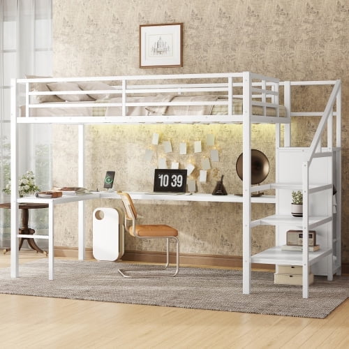 Full Size Loft Bed with L-shaped Desk & USB Ports, Metal Loft Bed with Wardrobe & Adjustable Shelf, High Loft Bed with LED Lights, White