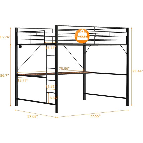 Full Size Loft Bed with LED Lights, Desk Underneath, Industrial Metal Double High Sleeper with Guardrail and Charging Stations, Space Saving Black