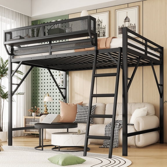 Full Size Loft Bed with Ladder, Metal Full Loft Bed with Storage Shelves, High Loft Bed