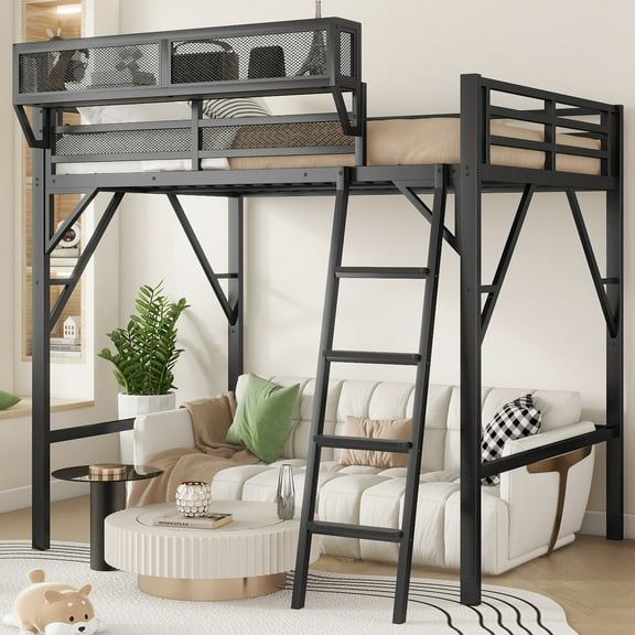 Full Size Loft Bed with Ladder, Metal Loft Bed with Storage Shelves, High Loft Bed for Kids Teens, Black