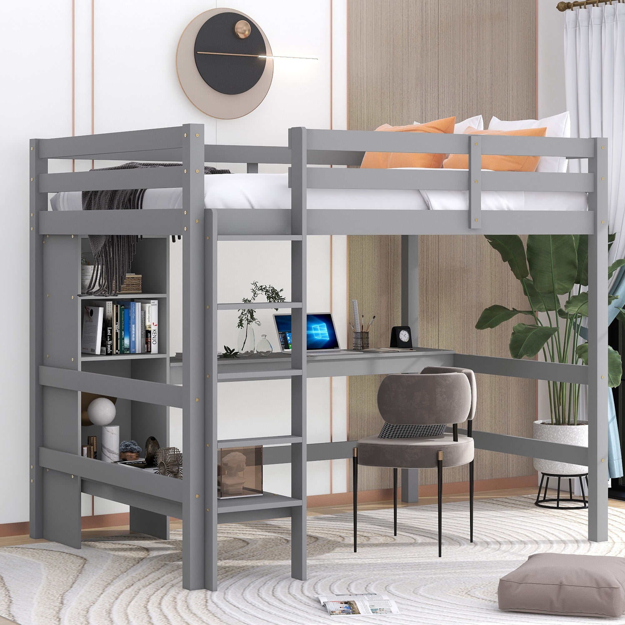 Full Size Loft Bed with Multifunction Shelves and Underbed Desk, Gray
