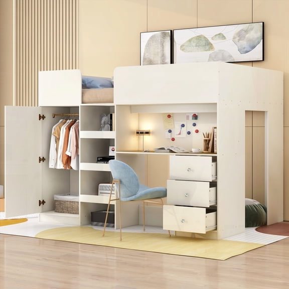 Full Size Loft Bed with Multiple Storage - Beige