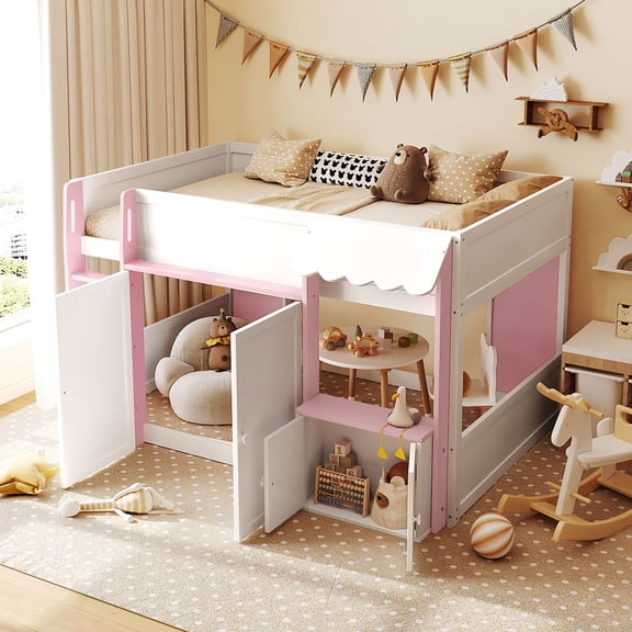 Full Size Loft Bed with Openable Windows, Wood Playhouse Bed Frame with Storage Cabinet and Awning for Boys, Girls, Easy Assembly, Pink