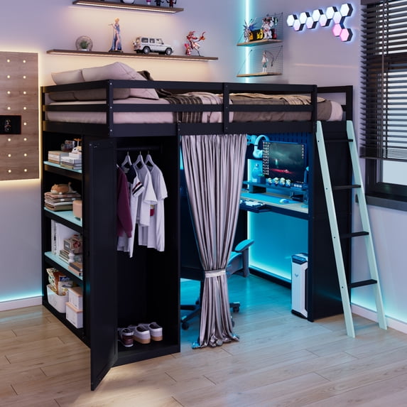 Full Size Loft Bed with RGB Lights and Curtains, Wooden Gaming Loft Bed Frame with Charging Station, Desk, Wardrobe and Storage Shelves, Blue