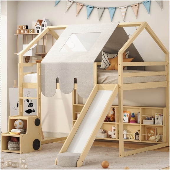 Full Size Loft Bed with Slide, Ladder & Tent, House Design with Shelves, Natural Wood Finish