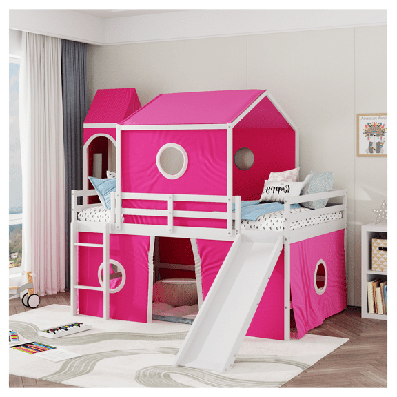 Full Size Loft Bed with Slide Pink Tent and Tower - Pink (OLD SKU:LT000771AAH)