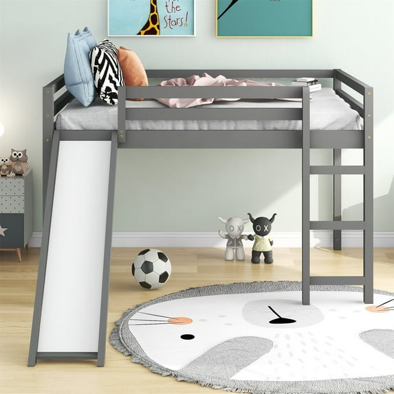 Loft Bed Full Size with Slide, Solid Wood Loft Bed Frame with Built-in Ladder and Safety Guardrail, 300LBS Load Low Loft Bed for Kids Boys Girls, Gray