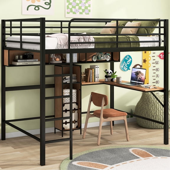 Full Size Loft Bed with Square Frame Structure / Free Up Space Under Bed