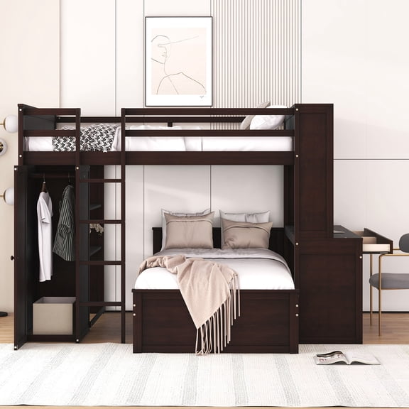 Full Size Loft Bed with Stand-Alone Twin Bed, Built-in Shelves, Desk & Wardrobe, All-in-One Multifunctional Bedroom Furniture Set