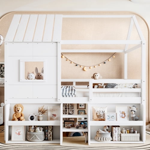 Full Size Loft Bed with Storage Shelves and Stairs, Wooden Playhouse Style Bed with Roof and Window for Bedroom Guest Room, White
