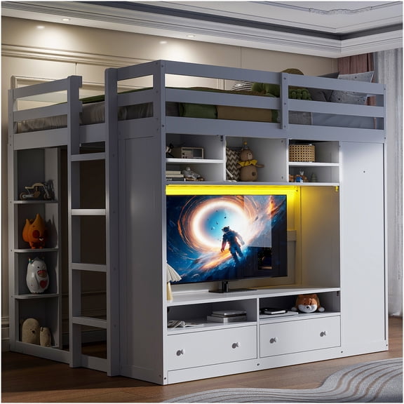 Full Size Loft Bed with Storage, Wardrobe, LED Lights & Shelves, White Solid Wood Bunk Bed for Teen & Adult, Space-Saving Design