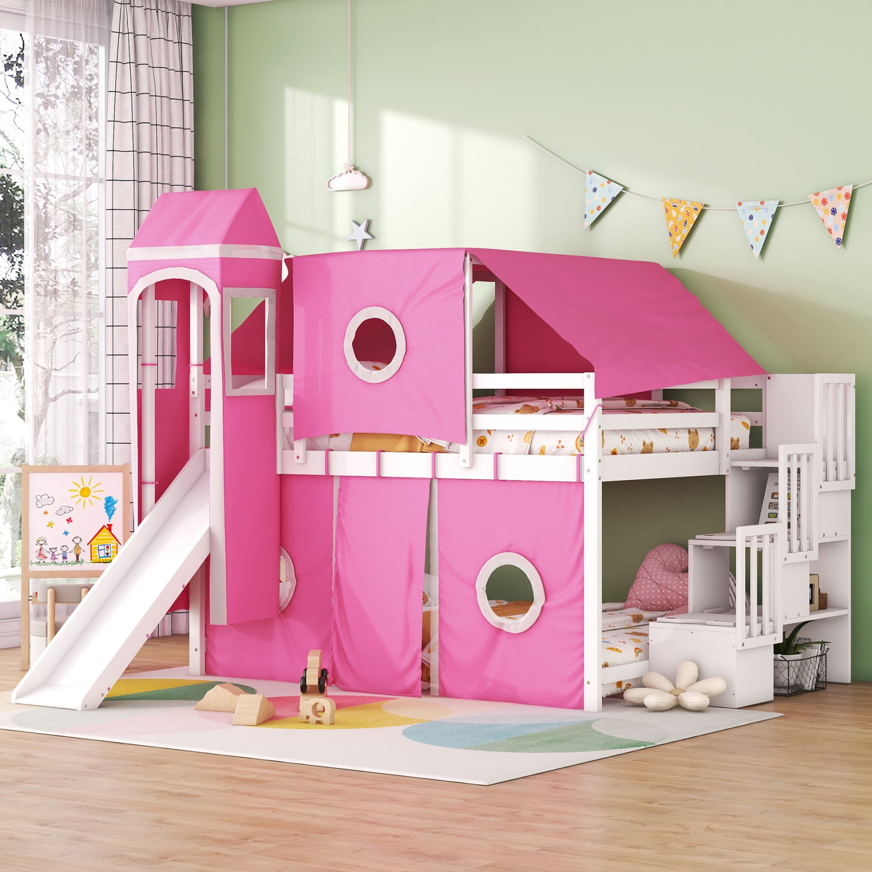 Full Size Loft Bed with Tent and Tower Multifunctional Loft Bed Frame with Storage Stairs Bunk Bed with Slide and Guardrail for Kids Teens Pink
