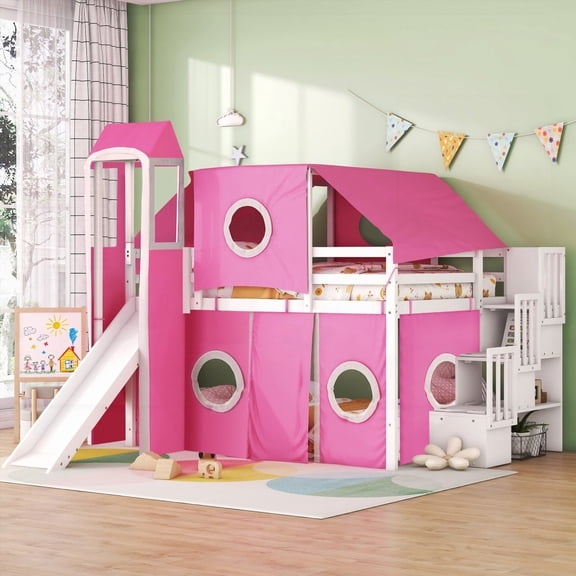 Full Size Loft Bed with Tent and Tower in Pink - Impressive & Extra Space