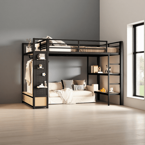 Full Size Loft Bed with Wardrobe & Desk, Metal Loft Bed Frame with Storage Shelves, Pegboard & Drawers, Space Saving Black Loft Bed for Small Rooms