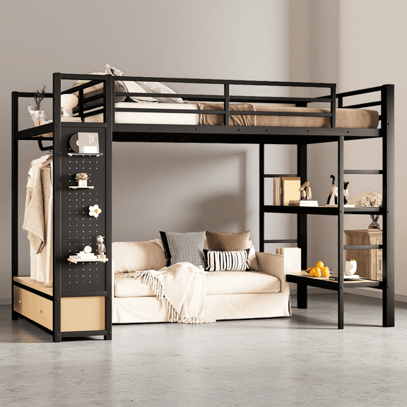 Full Size Loft Bed with Wardrobe, Metal Loft Bed Frame with Storage Shelves & Pegboard, Space Saving All-in-One Bed for Small Room, Black