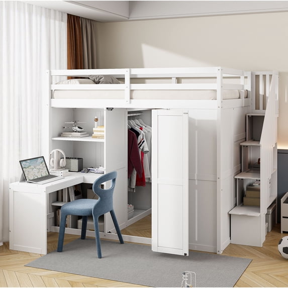 Full Size Loft Bed with Wardrobe, Wood Full Loft Bed with Desk and Storage Staircase, Loft Bed Frame with Bookcase, No Box Spring Needed, White
