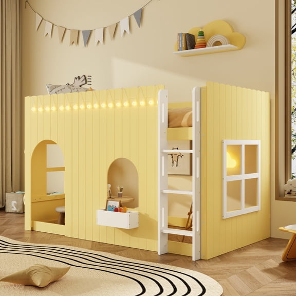 Full Size Loft Frame with Underbed Space, LED Light String Wood Loft Frame with Build-in Ladder and  Shelf  for Dorms, Bedrooms,Mattress Not Included, No Box Spring Required, Primrose Yellow
